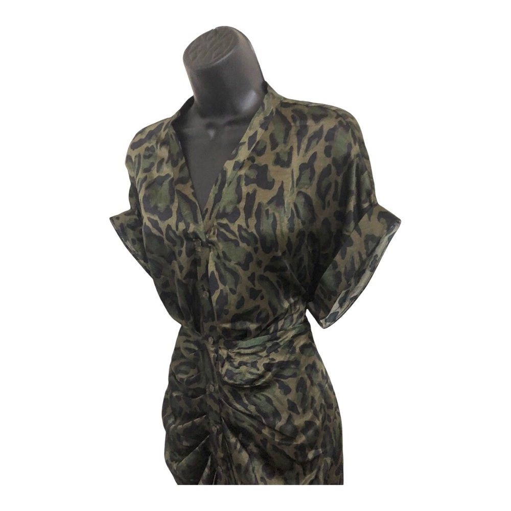 Steve Madden TORI Tony camo green satin look belted button front shirtdress szL - Picture 14 of 17
